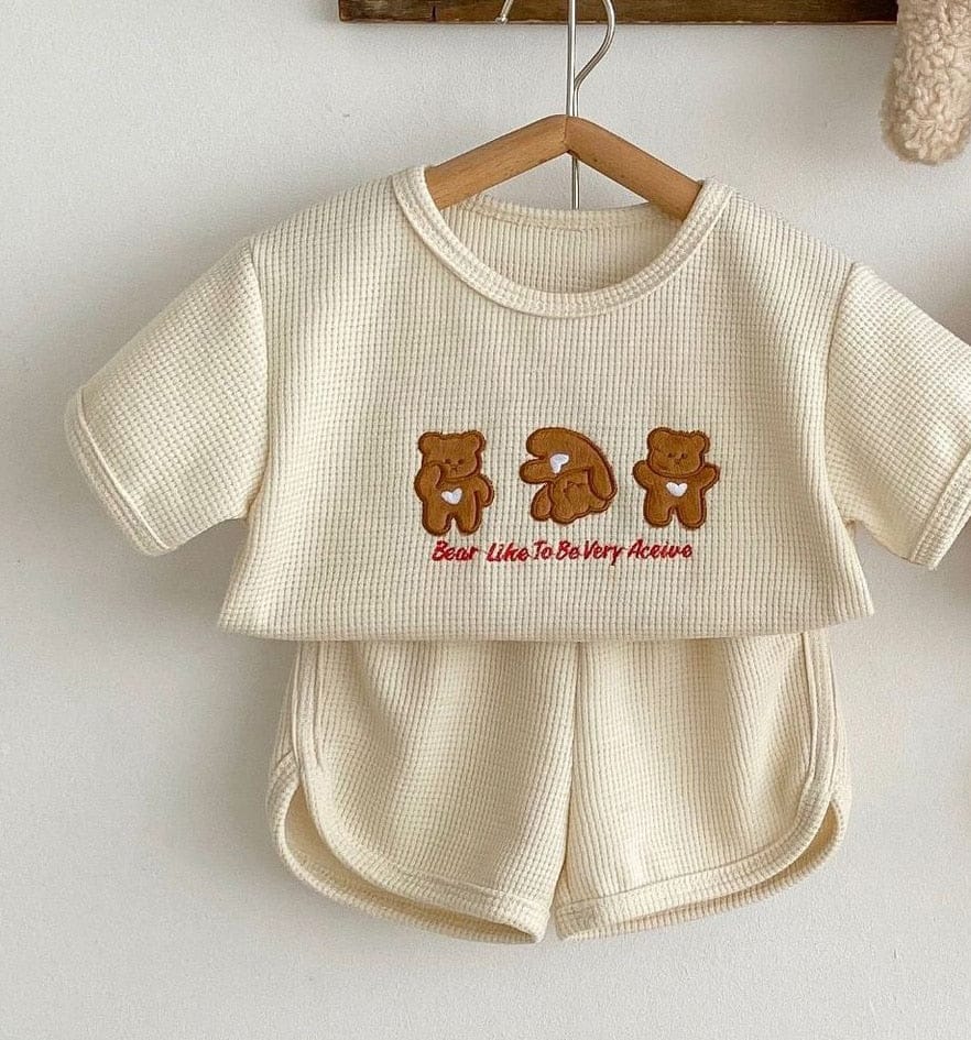 半袖セットアップ Beige / 6M 66cm ベビー ワッフル セットアップ くま ベア 刺繍 半袖 Tシャツ ショートパンツ