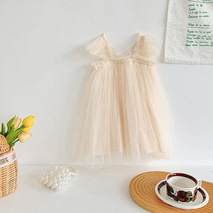 ノースリーブワンピース Beige / 80cm キッズ チュチュ チュール バタフライ 蝶 プリンセス ノースリーブ ドレス ワンピース【mh0001168】