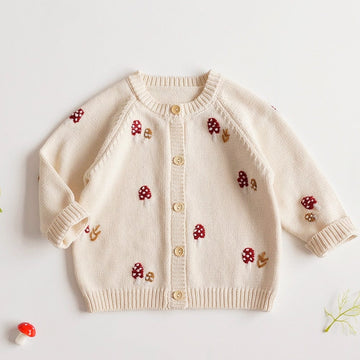 カーディガン・パーカー beige / 90cm キッズ ニット 刺繍 きのこ キノコ カーディガン ジャケット ベージュ ガールズ