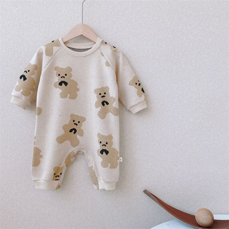 長袖ロンパース beige bear / 66cm ベビー ニット ロンパース フラワー アーガイル ミーアキャット ライオン くま【mh0001497】