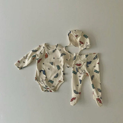 長袖セットアップ Beige Bodysuit Set / 6M 66cm ベビー セットアップ ロンパース パンツ 帽子 セット【mh0000080】