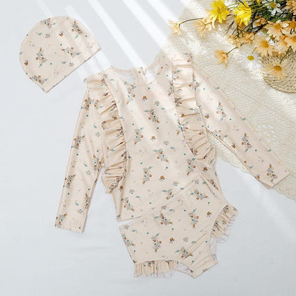 ベビー用水着 Beige / M (2-3y) キッズ 水着 フラワー フリル 長袖 トップス パンツ セパレート  ラッシュガード 帽子 セット スイムウェア【mh0001895】