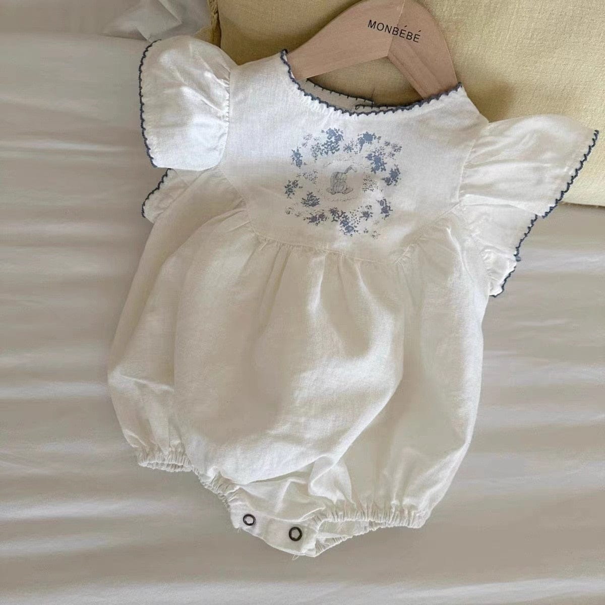 半袖ロンパース beige romper / 66cm ☺︎ ベビー キッズ フリルスリーブ うさぎ プリント 半袖 ロンパース ワンピース リンク 姉妹 お揃い コーデ ガールズ
