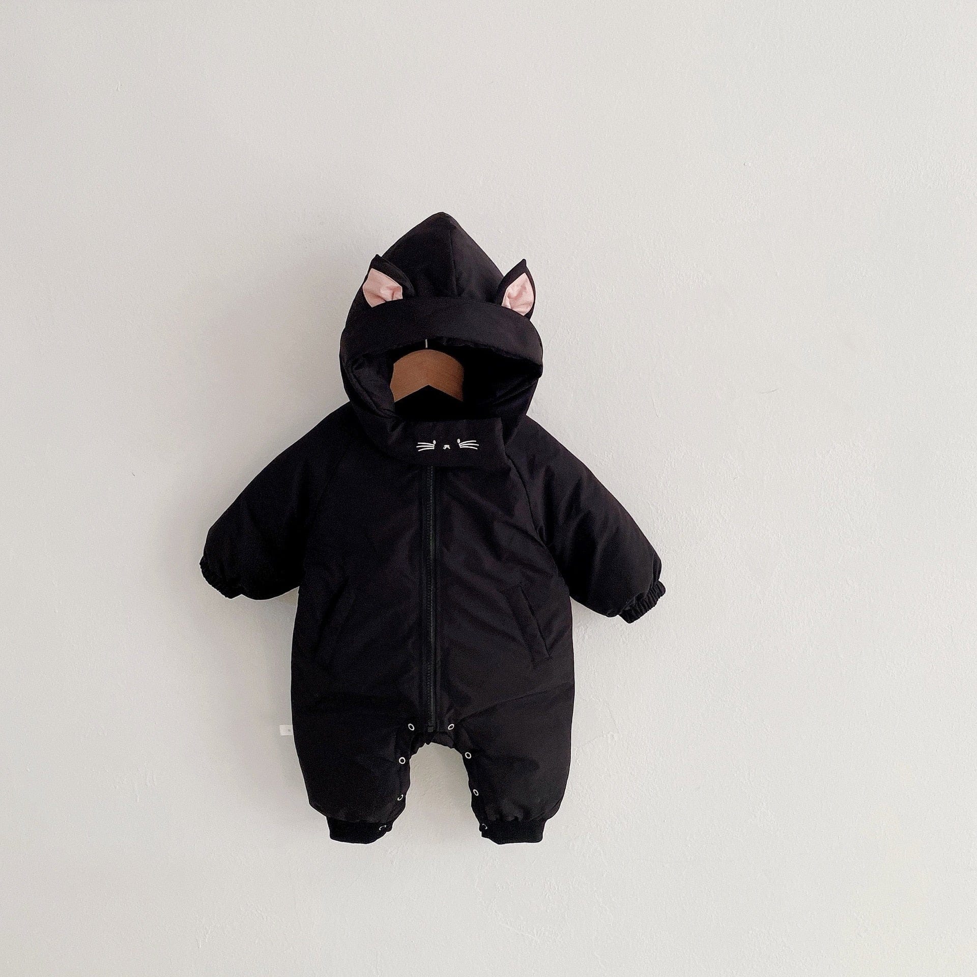 アウタージャンプスーツ Black / 66cm ベビー くま ねこ 耳付き フーディ アウター ジャンプスーツ 防寒 アウター【mh0001058】
