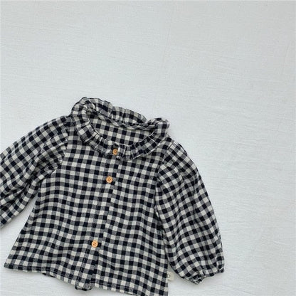 長袖シャツ・ブラウス Black / 6M 66cm ベビー フラワー チェック フリル 長袖 ブラウス トップス【mh0000030】