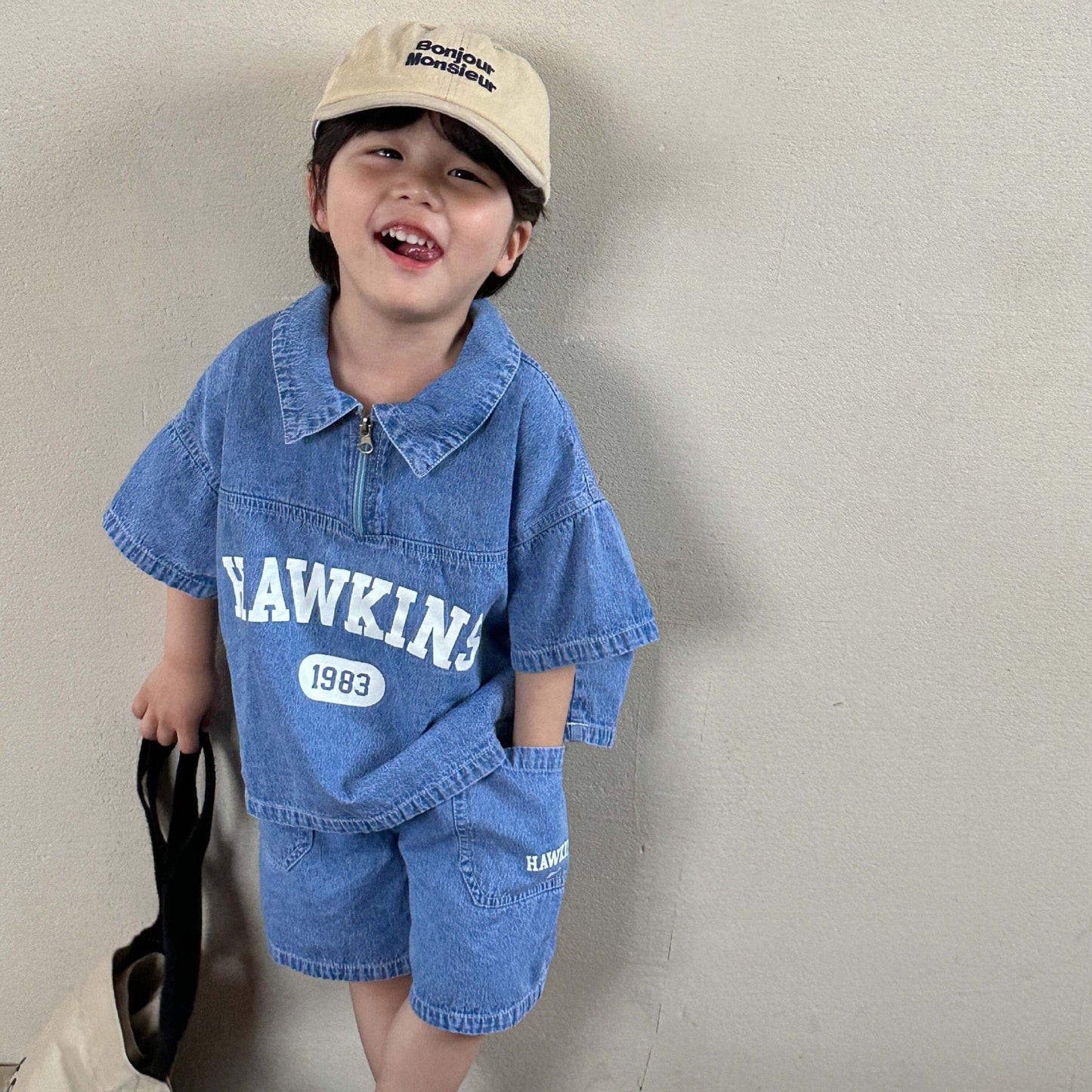 半袖セットアップ Blue / 12M/80cm ☺︎ キッズ デニム セットアップ レターロゴ プリント 半袖 ハーフジップ シャツ トップス ショートパンツ ブルー ボーイズ