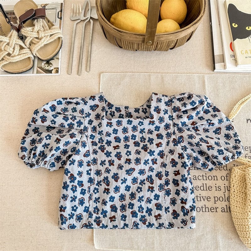 半袖シャツ・ブラウス blue / 12M/80cm キッズ フラワー 小花柄 半袖 パフスリーブ ブラウス シャツ トップス
