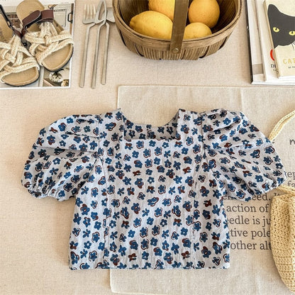 半袖シャツ・ブラウス blue / 12M/80cm キッズ フラワー 小花柄 半袖 パフスリーブ ブラウス シャツ トップス