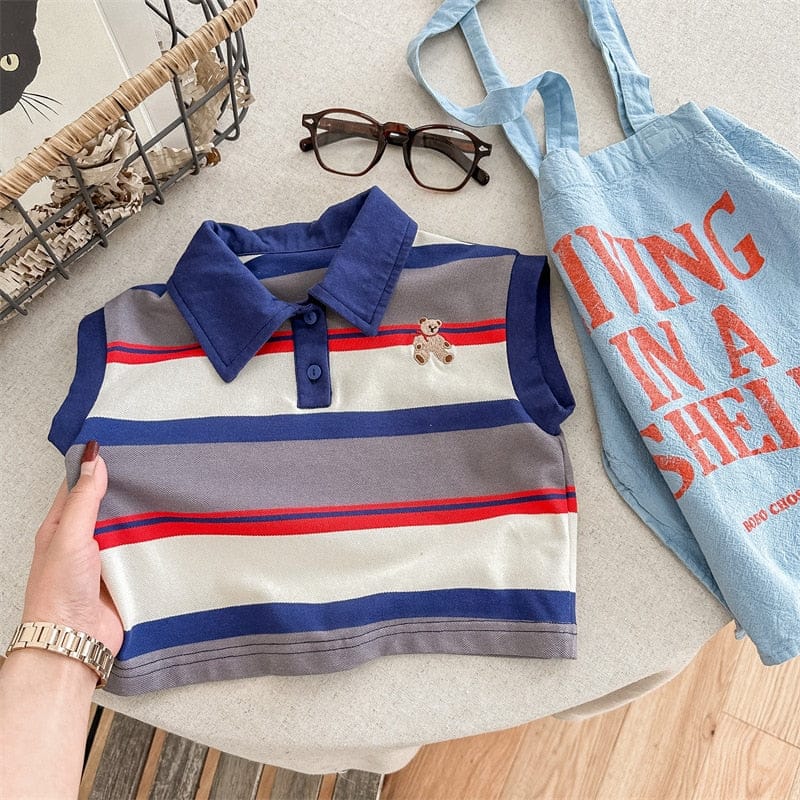 タンクトップ・キャミソール・ノースリーブトップス blue / 12M/80cm キッズ くま ベア 刺繍 ボーダー ノースリーブ ポロシャツ トップス