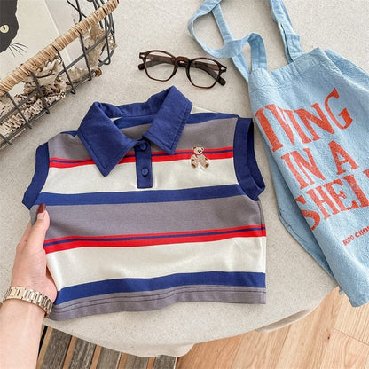 タンクトップ・キャミソール・ノースリーブトップス blue / 12M/80cm キッズ くま ベア 刺繍 ボーダー ノースリーブ ポロシャツ トップス