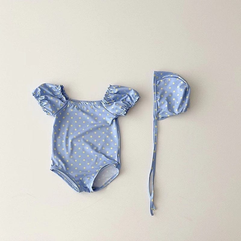 ベビー用水着 Blue / 66cm ベビー ガールズ 水着 カラフル ハート みずたま チェック ワンピース 半袖 パフスリーブ 帽子 セット スイムウェア【mh0001812】