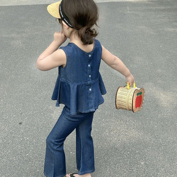 ノースリーブセットアップ Blue / 90cm キッズ デニム スーツ セットアップ ノースリーブ ペプラム ブラウス フレア ベルボトムパンツ ジーンズ 5559D