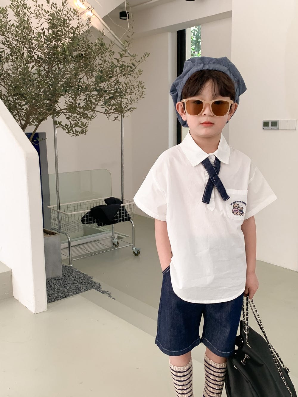 半袖セットアップ Boy 2pc set / 24M/90cm キッズ ユニフォーム 制服 セットアップ ガールズ ボーイズ セット 半袖 シャツ ブラウス デニム スカート ハーフパンツ リンクコーデ 5379C