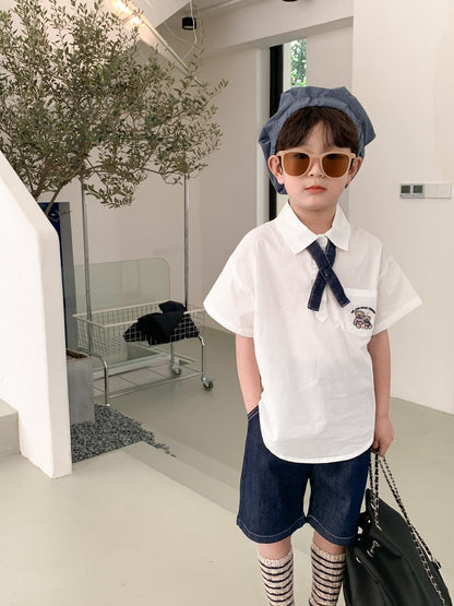 半袖セットアップ Boy 2pc set / 24M/90cm キッズ ユニフォーム 制服 セットアップ ガールズ ボーイズ セット 半袖 シャツ ブラウス デニム スカート ハーフパンツ リンクコーデ 5379C