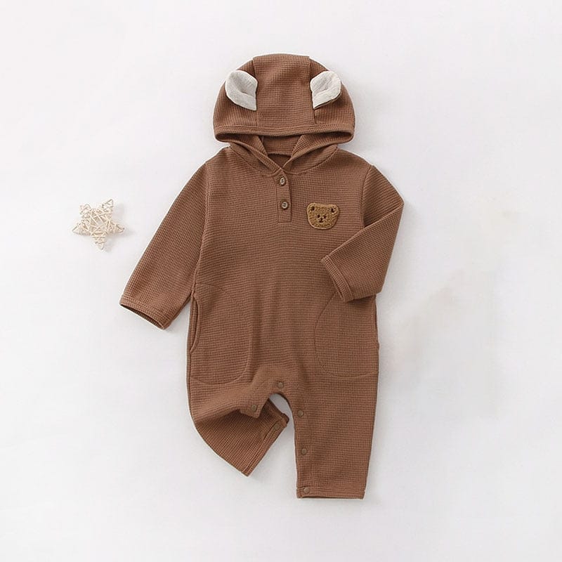 長袖ロンパース Brown / 66cm ベビー くま ベア ワッフル フーディ 長袖 ロンパース ジャンプスーツ【mh0001209】