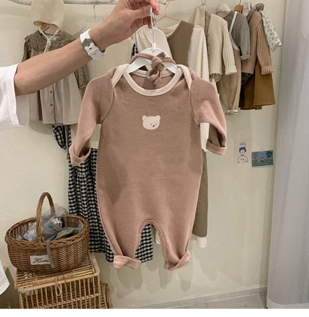 長袖ロンパース Brown / 6M 66cm ベビー くま うさぎ ロンパース 耳帽子 セット【mh0000115】