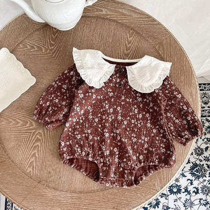 長袖ロンパース Brown / 6M 66cm ベビー フラワー フリル 長袖 ロンパース【mh0000980】