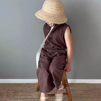 ノースリーブセットアップ Brown / 80cm キッズ セットアップ ノースリーブ タンクトップ トップス ワイド ルーズ ロングパンツ リゾートスタイル【mh0001736】