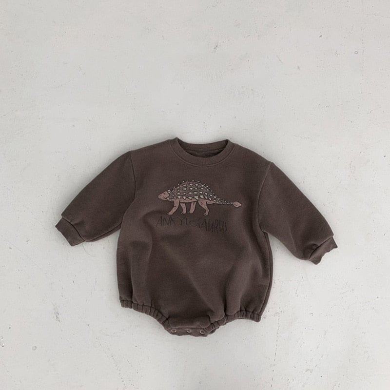 長袖ロンパース Coffee / 6M 66cm ベビー 恐竜 ダイナソー 裏起毛 スウェット ロンパース【mh0001430】