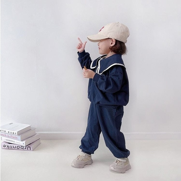 長袖セットアップ Dark Blue / 9M 73cm / 取り寄せ（7〜35日） ベビー キッズ セットアップ バイピング ビッグカラー ハーフジップ トップス パンツ