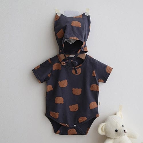 半袖ロンパース Dark Gray / 90cm ベビーロンパース 耳帽子セット 半袖ボディスーツ くまベアプリント 4カラー【mh0000036】