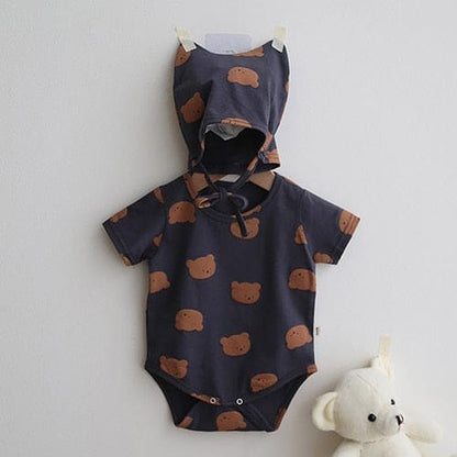 半袖ロンパース Dark Gray / 90cm ベビーロンパース 耳帽子セット 半袖ボディスーツ くまベアプリント 4カラー【mh0000036】