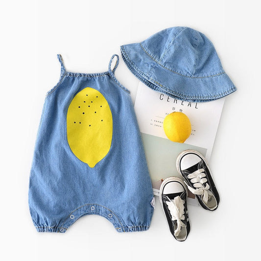 ノースリーブロンパース Denim Blue / 6M 66cm ベビー レモン デニム キャミソール ロンパース 帽子 セット【mh0001712】
