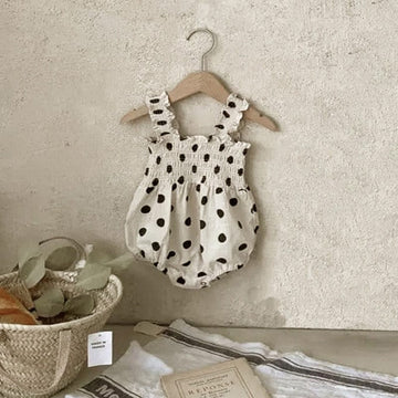 ノースリーブロンパース dots / 6M/66cm ☺︎ ベビー 水玉 ドット サスペンダー シャーリング ロンパース ベージュ ガールズ