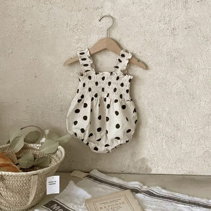 ノースリーブロンパース dots / 6M/66cm ☺︎ ベビー 水玉 ドット サスペンダー シャーリング ロンパース ベージュ ガールズ