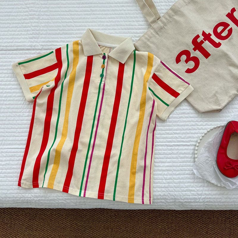 半袖セットアップ dress / 24M/90cm キッズ カラフル ストライプ ボーイス セットアップ 半袖 ポロシャツ トップス パンツ ガールズ ワンピース リンク 兄弟 姉妹 お揃い コーデ