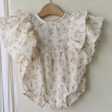 半袖ロンパース Floral / 6M 66cm ベビー ラッフルフリル バタフライスリーブ フラワー 無地 ロンパース【mh0000708】