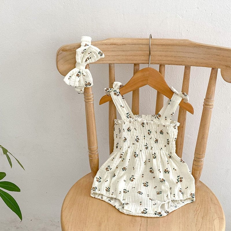 ノースリーブロンパース Floral / 6M/66cm ベビー フラワー 花柄 水玉 ピンドット シャーリング キャミソール ロンパース リボンヘアバンド セット【mh0001864】