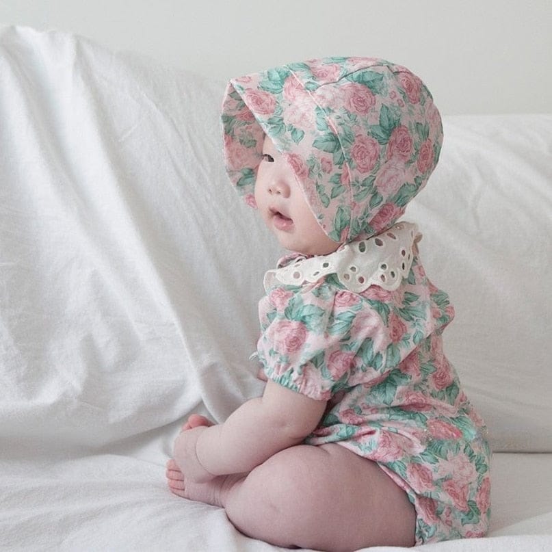 半袖ロンパース Flower / 6M/66cm ベビー ローズ フラワー レースカラー 半袖 ロンパース ボンネット 帽子 セット【mh0001943】