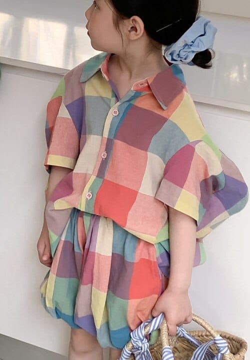 半袖セットアップ Girls / 24M/90cm キッズ ガールズ ボーイズ セットアップ マドラス チェック 半袖 シャツ ブラウス ショートパンツ バルーンパンツ リンク 兄弟 姉妹 お揃い コーデ【mh0001742】