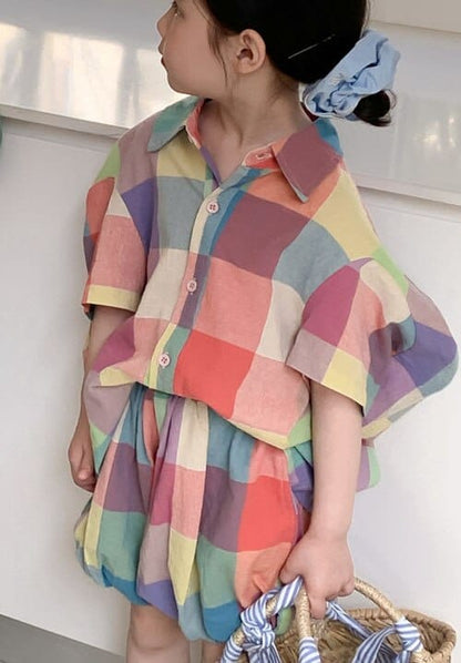 半袖セットアップ Girls / 24M/90cm キッズ ガールズ ボーイズ セットアップ マドラス チェック 半袖 シャツ ブラウス ショートパンツ バルーンパンツ リンク 兄弟 姉妹 お揃い コーデ【mh0001742】
