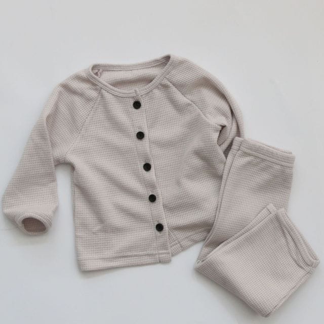 長袖パジャマ Gray / 12M 80cm キッズセットアップ 2点セット フラワー花柄プリント 無地 ワッフル 長袖パジャマセット【mh0000156】