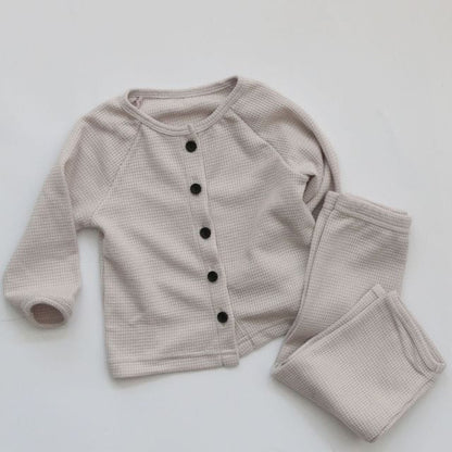 長袖パジャマ Gray / 12M 80cm キッズセットアップ 2点セット フラワー花柄プリント 無地 ワッフル 長袖パジャマセット【mh0000156】