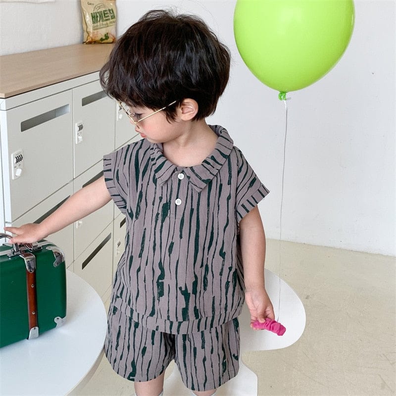 半袖セットアップ Gray / 18M 80cm キッズ 半袖 セットアップ ストライプ 半袖 ポロシャツ ハーフパンツ