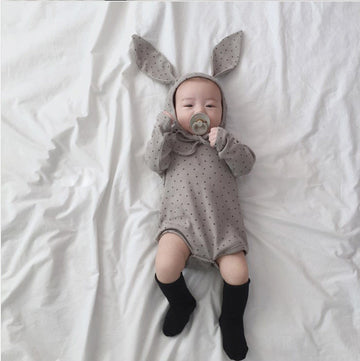 長袖ロンパース Gray / 6M 66cm ベビーロンパース 帽子セット みずたま水玉 長袖ボディスーツうさ耳帽子【mh0000209】
