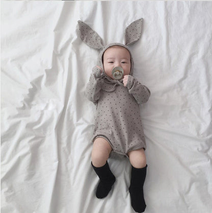 長袖ロンパース Gray / 6M 66cm ベビーロンパース 帽子セット みずたま水玉 長袖ボディスーツうさ耳帽子【mh0000209】
