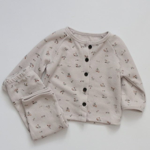 長袖パジャマ Gray Printed / 3T 100cm キッズセットアップ 2点セット フラワー花柄プリント 無地 ワッフル 長袖パジャマセット【mh0000156】