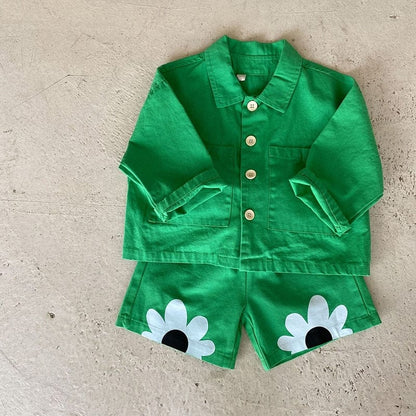 長袖セットアップ Green / 12M 80cm キッズ セットアップ フラワー ジャケット ハーフパンツ【mh0001269】