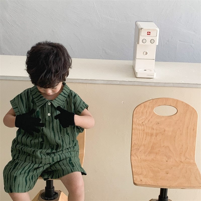 半袖セットアップ Green / 18M 80cm キッズ 半袖 セットアップ ストライプ 半袖 ポロシャツ ハーフパンツ