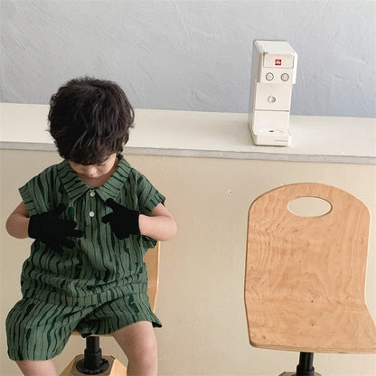 半袖セットアップ Green / 18M 80cm キッズ 半袖 セットアップ ストライプ 半袖 ポロシャツ ハーフパンツ