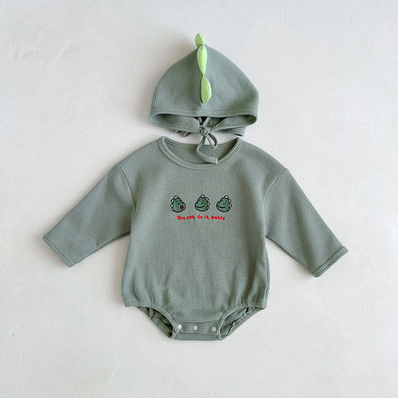 長袖ロンパース Green / 6M 66cm ベビー ワッフル くま ベア うさぎ バニー 恐竜 長袖 ロンパース 耳付き 帽子 セット