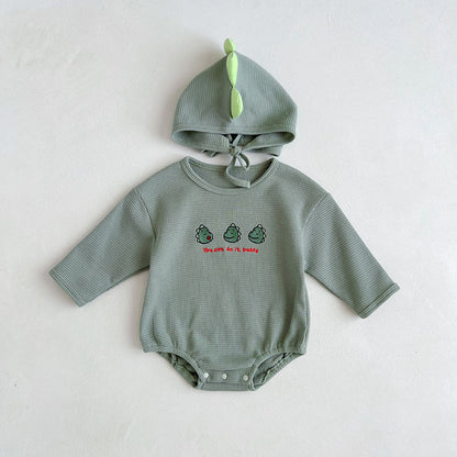 長袖ロンパース Green / 6M 66cm ベビー ワッフル くま ベア うさぎ バニー 恐竜 長袖 ロンパース 耳付き 帽子 セット