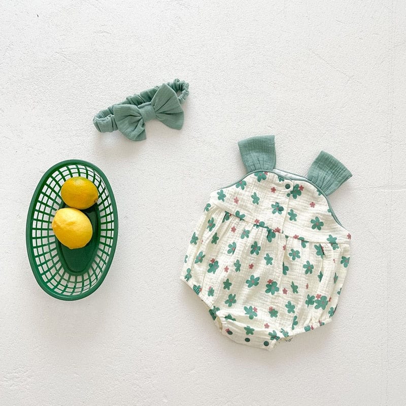 ノースリーブロンパース Green / 6M 66cm ベビー フラワー ノースリーブ キャミソール ロンパース リボン ヘアバンド セット【mh0001450】