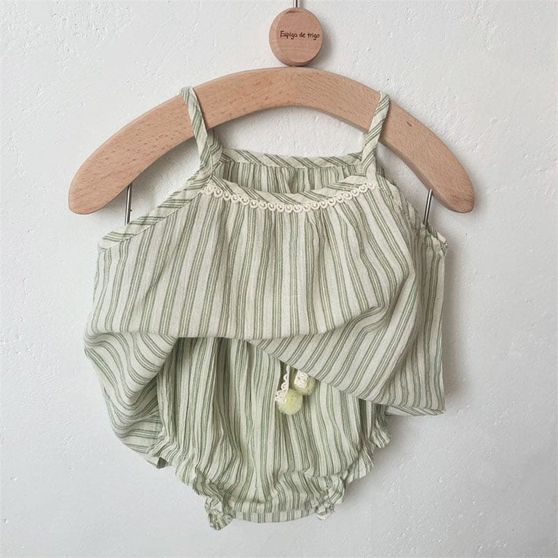 ノースリーブセットアップ Green / 6M/66cm ベビー ストライプ レース セットアップ キャミソール トップス ブルマパンツ【mh0001840】