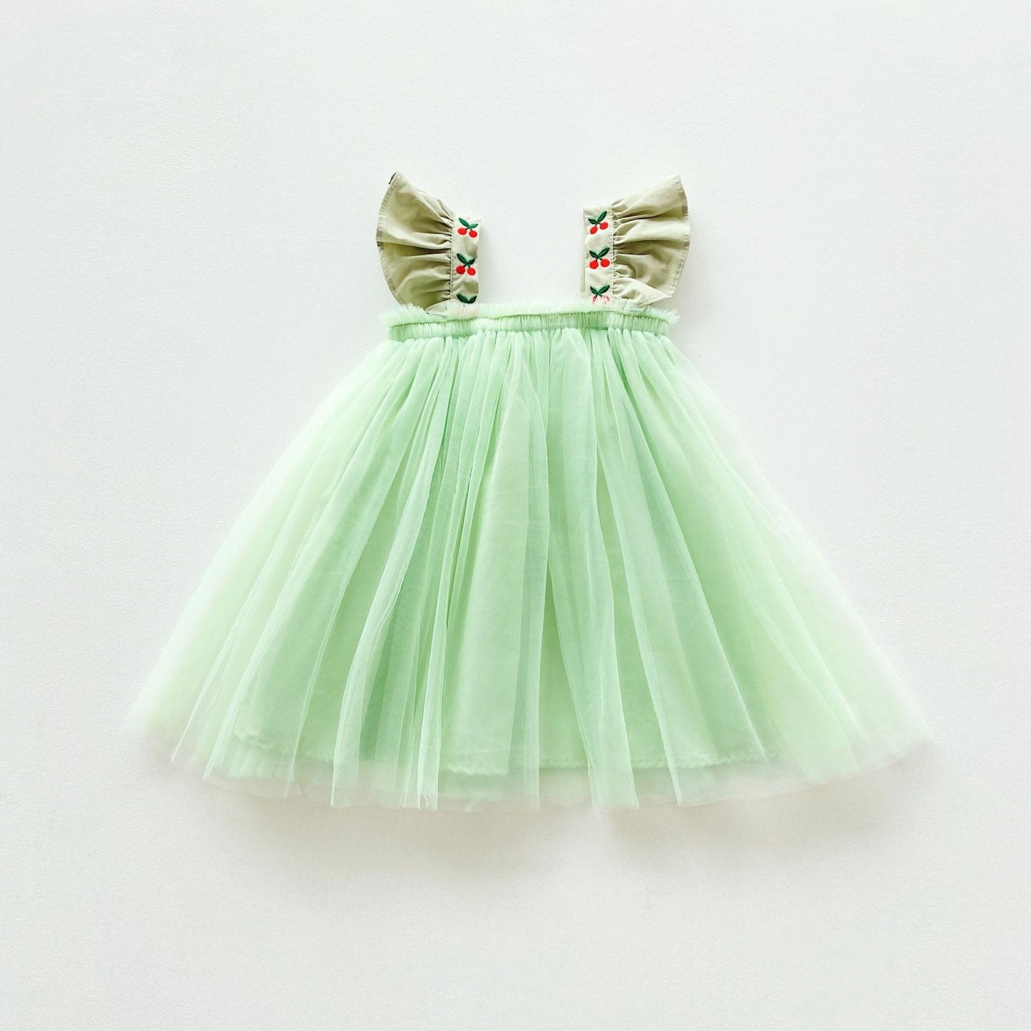 ノースリーブワンピース Green / 90cm キッズ チェリー チュチュ チュール フリルスリーブ プリンセス ドレス ワンピース【mh0001536】