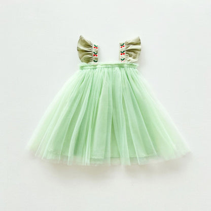 ノースリーブワンピース Green / 90cm キッズ チェリー チュチュ チュール フリルスリーブ プリンセス ドレス ワンピース【mh0001536】